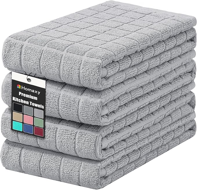Homaxy Premium Cotton Kitchen Towels 16"x 28", Large Natural Ring Spun 390 GSM Dish Towels, Super Absorbent Terry Kitchen Hand Towels, Soft Tea Towels with Hanging Loop, Pure Light Grey Design, 4 Pack