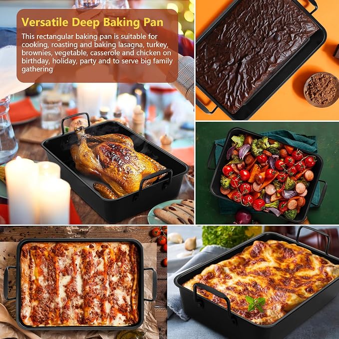 E-far Roasting Pan with Racks, Large Stainless Steel Turkey Roaster with V-Shaped & Cooling Rack for Oven, 16 Inch Nonstick Deep Broiler Pan with Handles for Baking Chicken Lasagna Meat, Heavy Duty