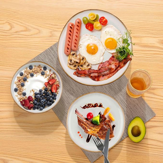Herogo 18 Piece Stoneware Dinnerware Sets for 6, Plates and Bowls Dinner Dish Set, Irregular Handmade Dinning Ware Dishware for Home Kitchen, Microwave & Dishwasher Safe, Pearl White