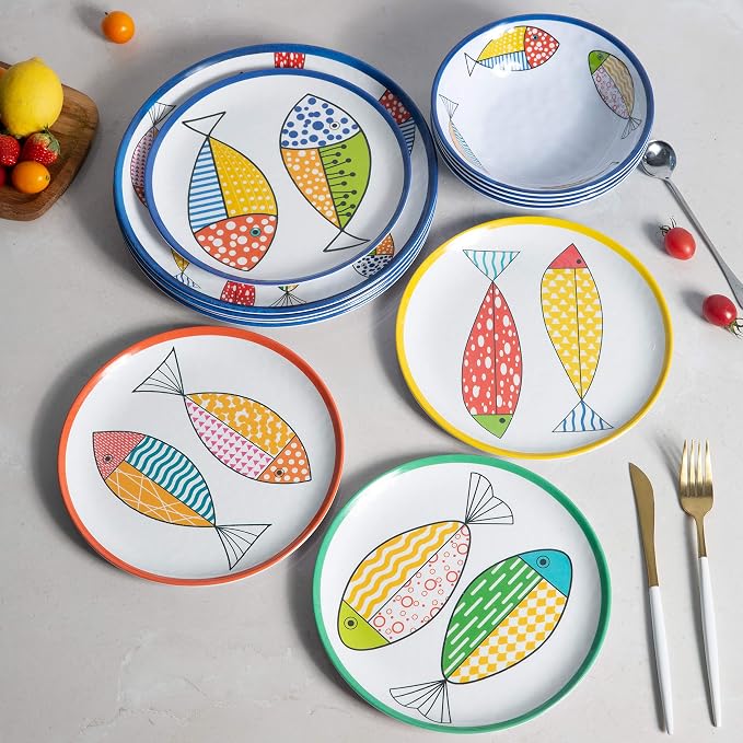 Melamine Dinnerware set for 4, Plates and Bowls Sets, Great for Camper, RV, Indoors Outdoors Use with Ocean Printed, Unbreakable