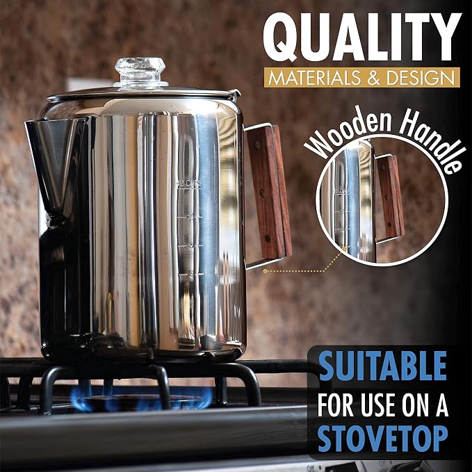 Eurolux Percolator Coffee Maker Pot - 12 Cups | Durable Stainless Steel Material | Brew Coffee On Fire, Grill or Stovetop | No Electricity, No Bad Plastic Taste | Ideal for Home, Camping & Travel