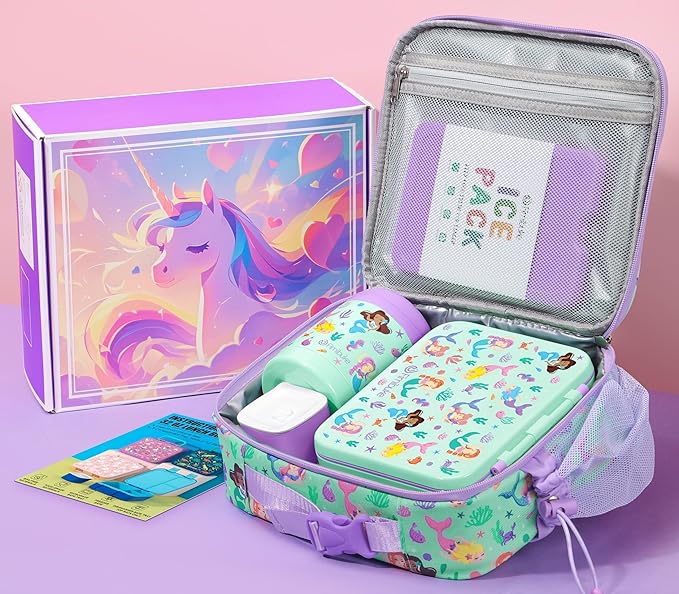 Fimibuke Bento Lunch Box for Kids with Food Jar, 3-Compartment 32OZ Snack Lunch Container, Lunch Bag, 12OZ Insulated Food Jar & Ice Pack Set for Age 3-12 School Daycare Toddler Teen Girls Boy, Mermaid
