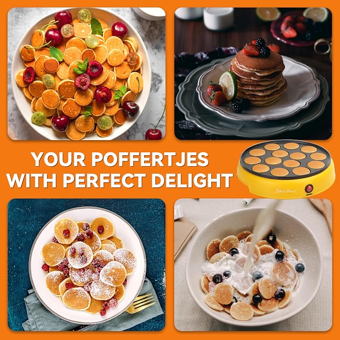 Baker's Friend Mini Pancakes Maker Machine, Dutch Mini Pancake Griddle, 14 Holes Electric Poffertjes Pan, Ideal for Breakfast, Snacks, Desserts & More, Yellow