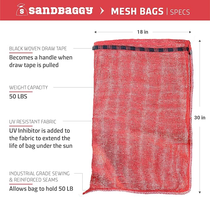 Sandbaggy Mesh Onion Produce Bags | Large 18" x 30 Inch Bags | 50 lb Capacity | Breathable Fabric | Great for Packaging Produce & Fruit (Pack of 500)