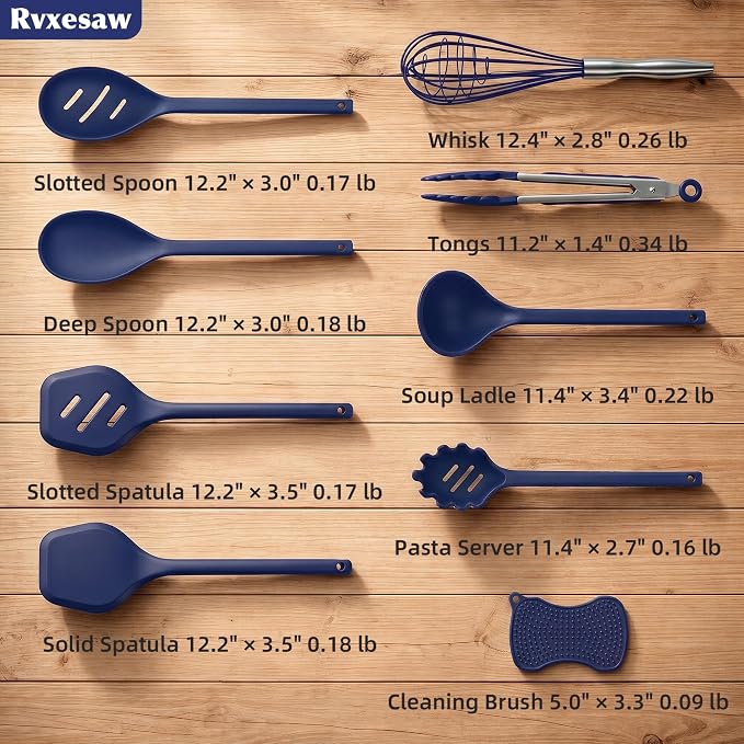 Kitchen Utensils Set,9 PCS Silicone Cooking Utensils Set Spatula Set,Tongs,Spoon,Whisk,Brush,Dishwasher Safe Kitchen Gadgets for Non-Stick Cookware,Home Essential，Kitchen Appliances(Navy Blue)