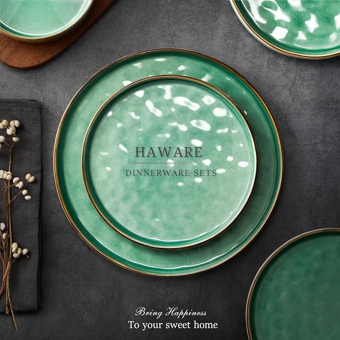 HaWare 16-Piece Dinnerware Set for 4, Reactive Green | Stoneware, Ripple Surface, Scratch Resistant, Microwave &Dishwasher Safe