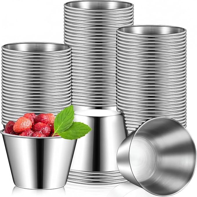 Mimorou 2.5oz Metal Ramekin Stainless Steel Sauce Dipping Cup Ramekin Sauce Container Round Dipping Bowl Condiment Cup for Dish Butter Kitchen Restaurant Serving Party Dinner Cooking