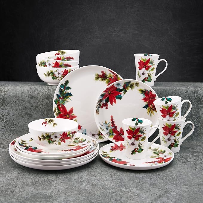 Mikasa Hope Joy Holiday Poinsettia Bone China Lightweight Chip Resistant 16 Piece Dinnerware Set, Service for 4, Multicolor