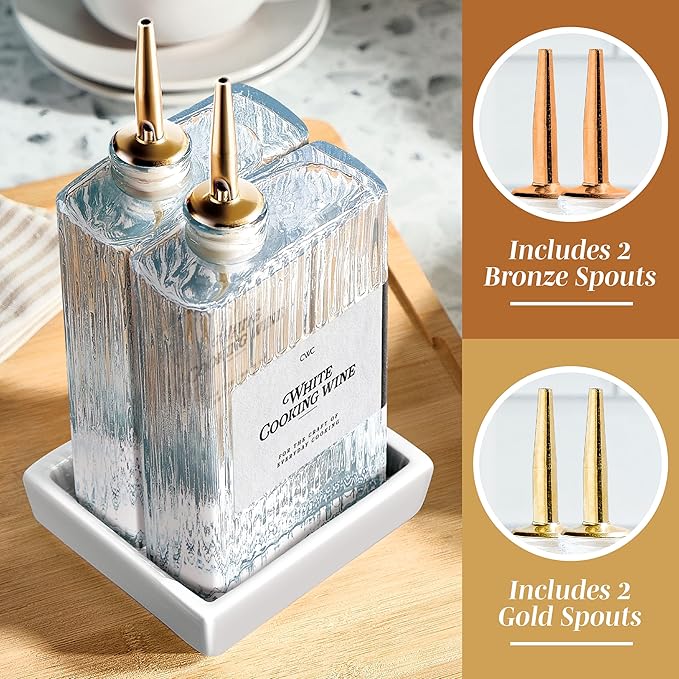 COOK WITH COLOR Olive Oil Dispenser Bottle - 2 Pk Glass Oil Dispenser for Kitchen - Condiment, Coffee Syrup & Vinegar Dispenser, Olive Oil Cruet, Includes 4 Auto Pourer Spouts
