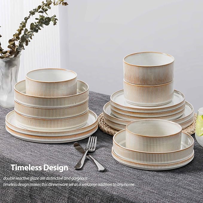 LIANYU Stoneware Dinnerware Sets with Pasta Bowls, 16 Piece Plates and Bowls Dishes Set for 4, Ribbed Dining Ware Dishware for Home, Microwave and Dishwasher Safe, Dawn Beige