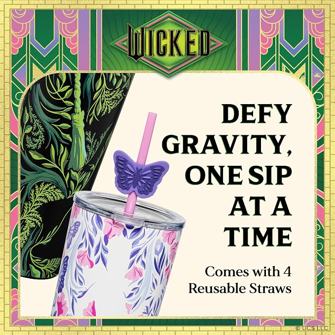 Dragon Glassware x Wicked: For Good 2-Pack 24 oz Vacuum Insulated Tumbler with Lid and Straw - Set of 2 Tumblers with 4 Straws and Toppers - Official Wicked Merch - Shadows