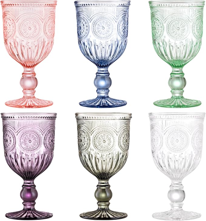 Multi Color Wine Glasses Set of 6 Vintage Hobnail Goblets 10 oz Dishwasher Safe