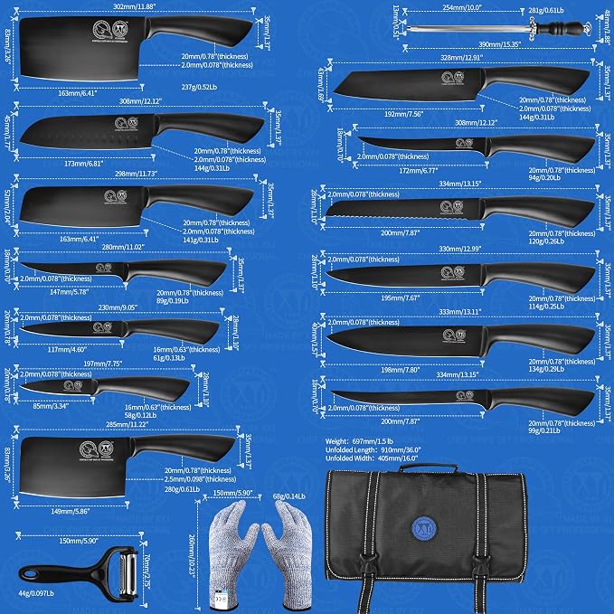 XYJ Knives,Professional Knife Sets for Master Chefs,Meat Cleaver Butcher for Camping,Chef Knife Set with Bag (Full Black)