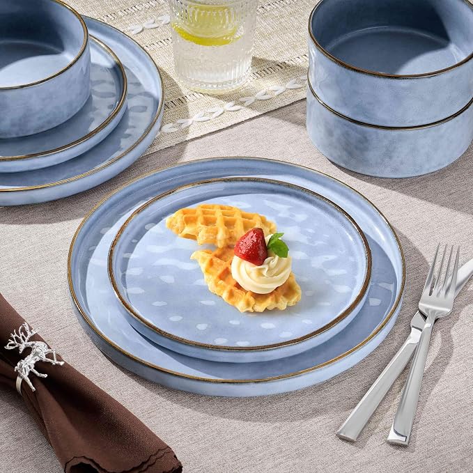 Herogo 12 Pieces Dinnerware Sets for 4, Ceramic Serving Dishes Sets, Stoneware Plates and Bowls for Kitchen Dining, Dishwasher & Microwave Safe, Haze Blue