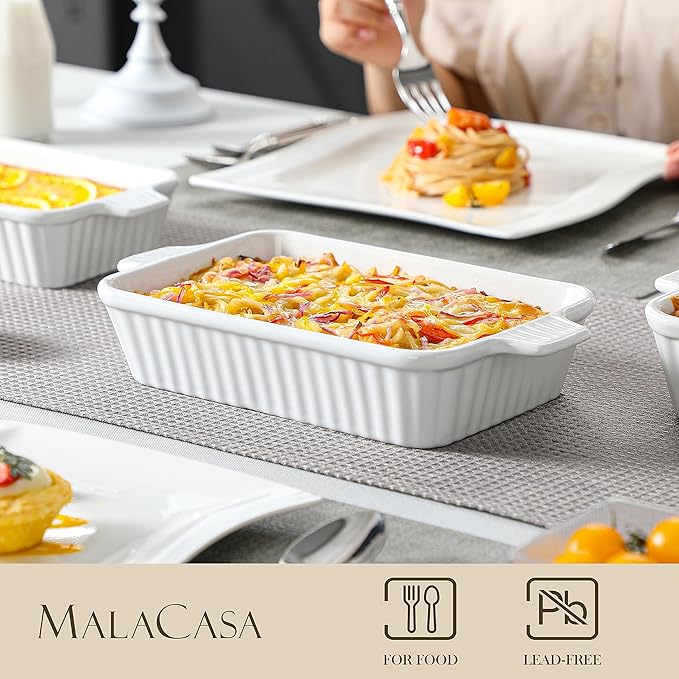 MALACASA Casserole Dishes for Oven, Porcelain Baking Dishes, Ceramic Bakeware Sets of 4, Rectangular Lasagna Pans with Handles for Baking Cake Kitchen, White (9.4"/11.1"/12.2"/14.7")