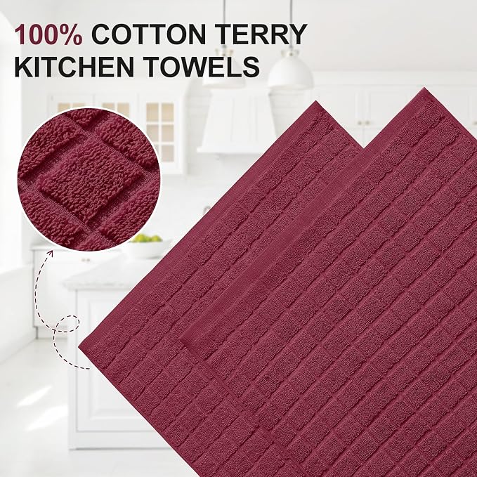 Homaxy Premium Cotton Kitchen Towels 16"x 28", Large Natural Ring Spun 390 GSM Dish Towels, Super Absorbent Terry Kitchen Hand Towels, Soft Tea Towels with Hanging Loop, Pure Red Check Design, 4 Pack