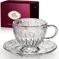 Handcrafted Vintage Glass Coffee Cup and Saucer Set, 12 oz Large Tea Cup with Round Saucer for Coffee, Latte & Tea, Gift for Women, Microwave & Dishwasher Safe, Classic Frosted White