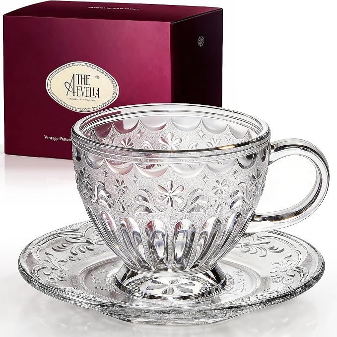 Handcrafted Vintage Glass Coffee Cup and Saucer Set, 12 oz Large Tea Cup with Round Saucer for Coffee, Latte & Tea, Gift for Women, Microwave & Dishwasher Safe, Classic Frosted White