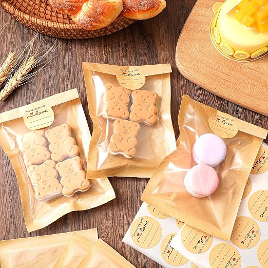 Outus 200 Pcs Cookie Packaging Bags with Seal, 4 x 6 Inch Bakery Pastry Bags with Window, Heat Sealable Grease Resistant Paper to Go Bake Sleeves for Gift Giving Donut Bread Sandwich (Brown)