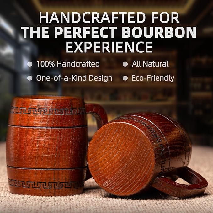 Wooden Beer Mug for Man Woman - 2 pcs Vintage Beer Viking Stein Cups, 12 oz Handmade Wood Camping Barrel Gift for Dad Friend Family Drink Coffee Tea