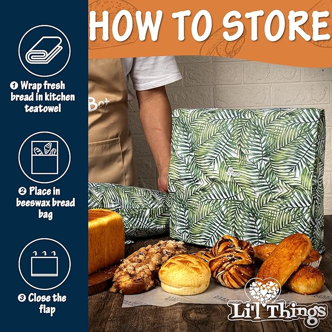 Sourdough Bread Bag – Reusable Beeswax Bread Storage Bags 2.0 (2 Sizes), Cotton-Layered, Breathable Bread Storage, Plastic-Free Kitchen Storage – Palm Leaves