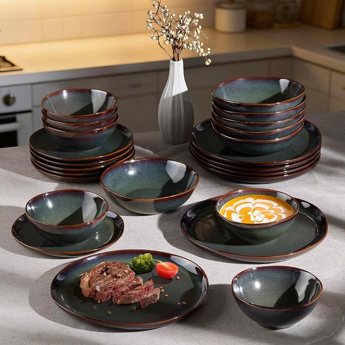 Herogo Stoneware Dinnerware Sets for 6, 24 Piece Ceramic Dinner Dishes Set, Irregular Handmade Plates and Bowls Dishware, Crack and Scratch Resistant, Reactive Glaze, Lichen Green