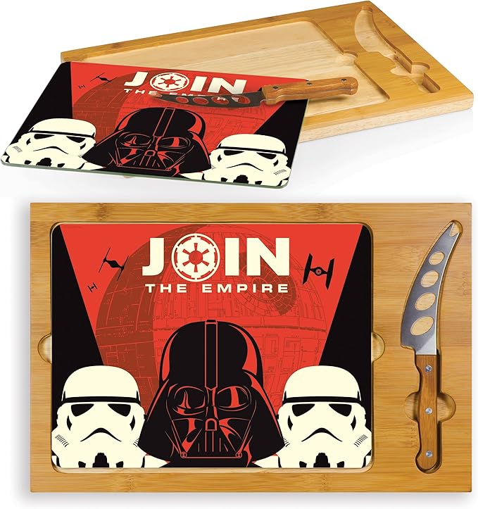 PICNIC TIME Star Wars Empire Icon Glass Top Cheese Board and Knife Set, Charcuterie Serving Tray, Removable Tempered Glass, Parawood and Bamboo Design, (Parawood & Bamboo)
