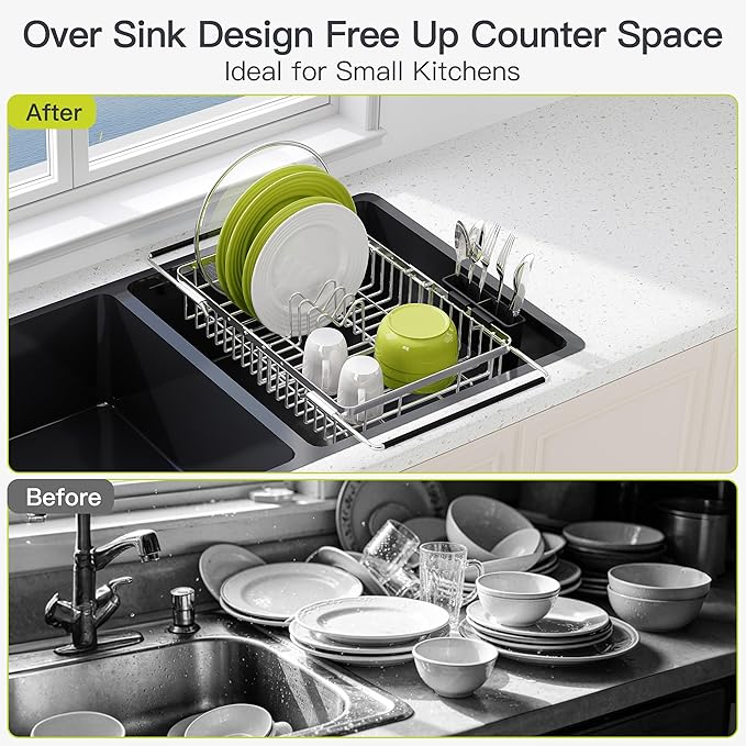 Expandable Stainless Steel Dish Drying Rack Over The Sink For Small Kitchen, Counter Space Saving Compact Metal Plate Drainer Strainer, Adjustable Hanging Inside Sink Rust Proof Wire Dryer Holder