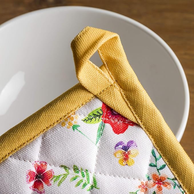 Maison d' Hermine Pot Holders 100% Cotton Heat Resistant Potholders 8" x 8" Hot Pads with Loop Baking Gifts for Mothers Day Handling Hot Pans Spring/Summer (Pack of 2, Happy Florals - Sweety)