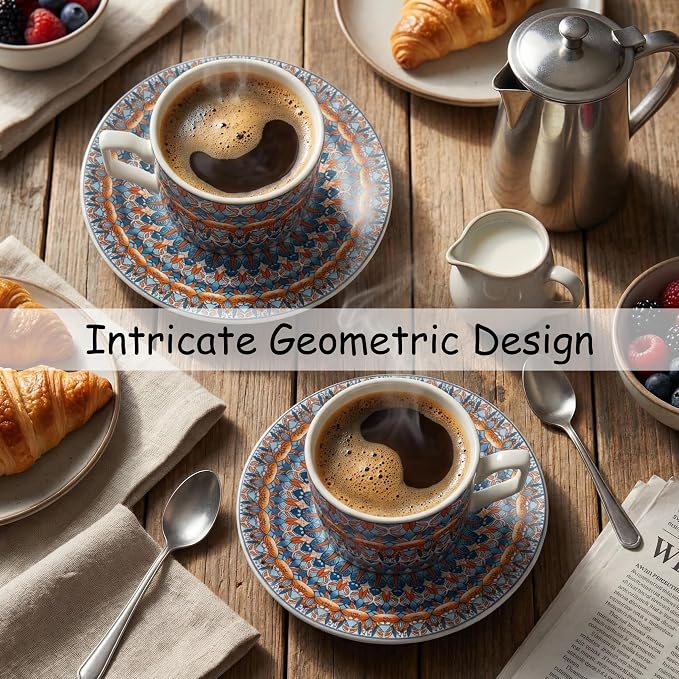 Snailhouse Cappuccino Cup and Saucer Set, 8.8 OZ Ceramic Bohemian Latte Coffee Espresso Tea Art Cup Mug for Kitchen or Cafe, Dishwasher and Microwave Safe