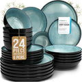 24 Piece Stoneware Dinnerware Set for 6 - Handmade Reactive Glaze Plates and Bowls Set - Chip & Scratch Resistant Dish Set - Dishwasher Microwave Safe - Dark Petrol Blue