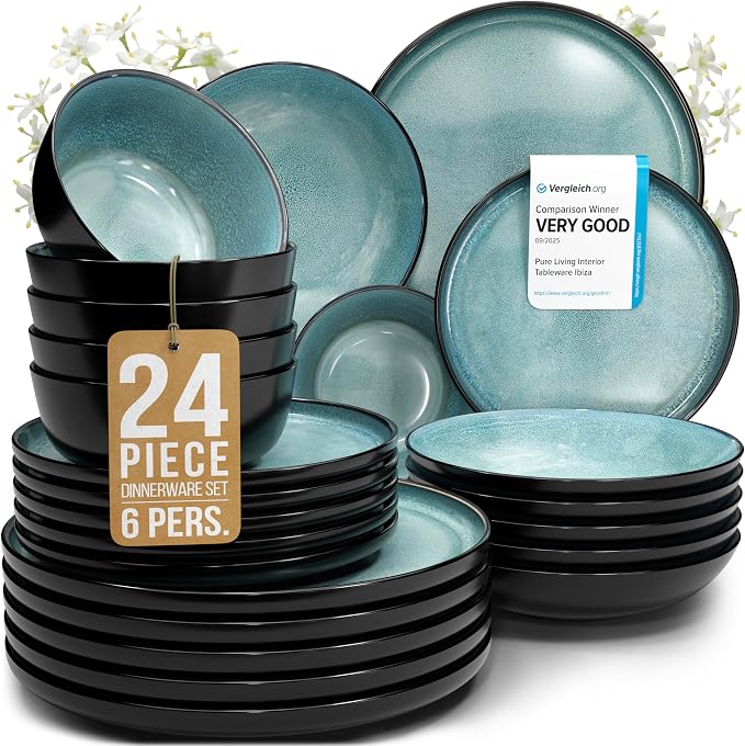24 Piece Stoneware Dinnerware Set for 6 - Handmade Reactive Glaze Plates and Bowls Set - Chip & Scratch Resistant Dish Set - Dishwasher Microwave Safe - Dark Petrol Blue