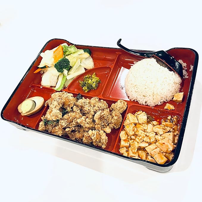 JapanBargain Traditional Japanese Bento Box 6-Compartment Lacquered Lunch Plate, Plastic Obento Tray for Restaurant or Home Use, 14"x9.25", Red and Black, Made in Japan