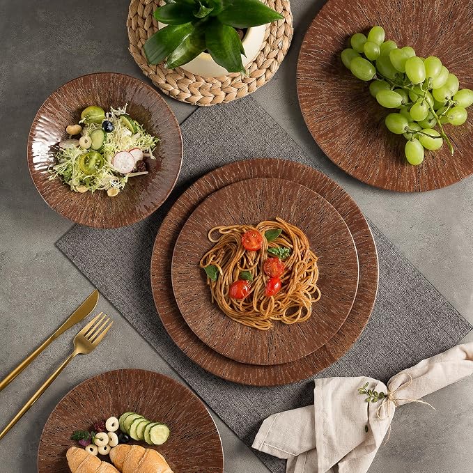MissYIP 12 Pcs Unbreakable Dinnerware Set - Service for 4, Dishwasher Safe Plates and Bowls - Ideal for Party, Camping, Indoor & Outdoor Use (Brown)
