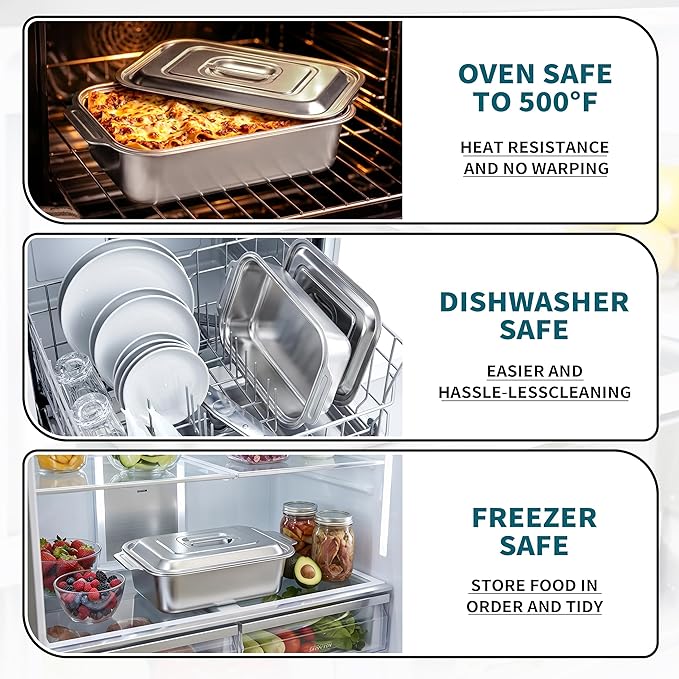 Extra Deep Stainless Steel Lasagna Pan with Wide Handles & Lid, 16.5 x 10 x 4 Inch, 6.3 QT Large Casserole Baking Dish, Oven Safe Heavy Duty Baking & Roasting Pan for Meal Prep & Storage