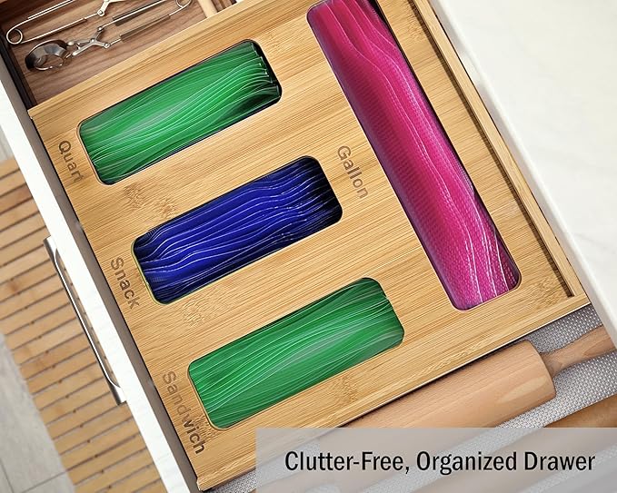 Bamboo Ziplock Storage Organizer for Kitchen Drawer with Sliding Lid – 4 Slot Holder for Gallon, Quart, Snack & Sandwich Bags