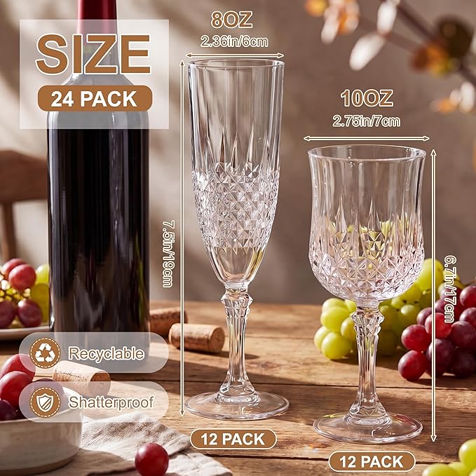 Sliner 24 Pack 8 oz Plastic Vintage Champagne Flutes and 7 oz Wine Glasses, 12 Champagne Glass, 12 Plastic Goblet Cups Unbreakable Crystal Water Glassware for Party (Clear)