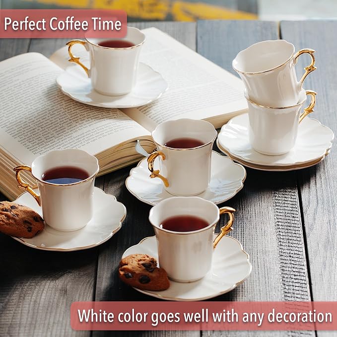BTaT- Turkish Coffee Cup Set, 3 oz, 6 Set (12 pcs) | Elegant White Cups Saucers Gold Trim Espresso Set Greek Arabic Turkish Coffee Gift Use