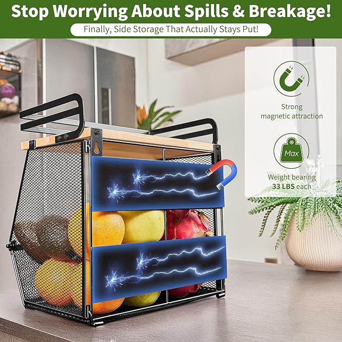 Imncya Magnetic Shelf for Refrigerator, Fridge Magnetic Fruit Basket Spice Rack with Wood Lid, Potato Onion Storage Organizer Magnetics Shelves for Refrigerator, Kitchen Counter, Pantry