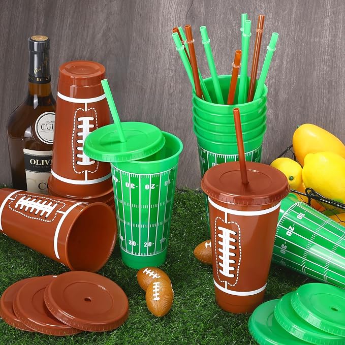 Kochorie 18 Pcs 24 oz Football Party Cups with Lids and Straws Reusable Plastic Tumbler Travel Mug Cups for Kids Coach Men Women Football Favors Tailgate Party Sports Game Time Supplies Decorations