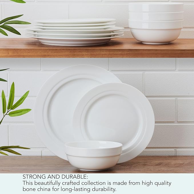 Mikasa Bentlee Bone China Lightweight Chip Resistant 12 Piece Dinnerware Set, Service for 4, White
