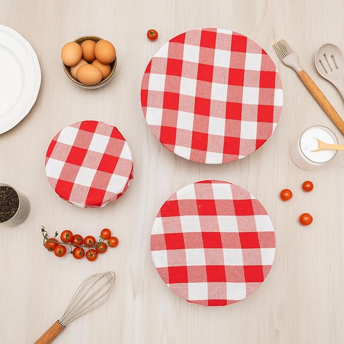 Reusable Cotton Red Bowl Covers - 100% Cotton Fabric Bowl Covers Set to Cover Fruits, Vegetables and Regulate Moisture - Elastic Closure for Salads, Bread & Leftovers (Red Plaid, 2XL, 2L, 2M, 2S)