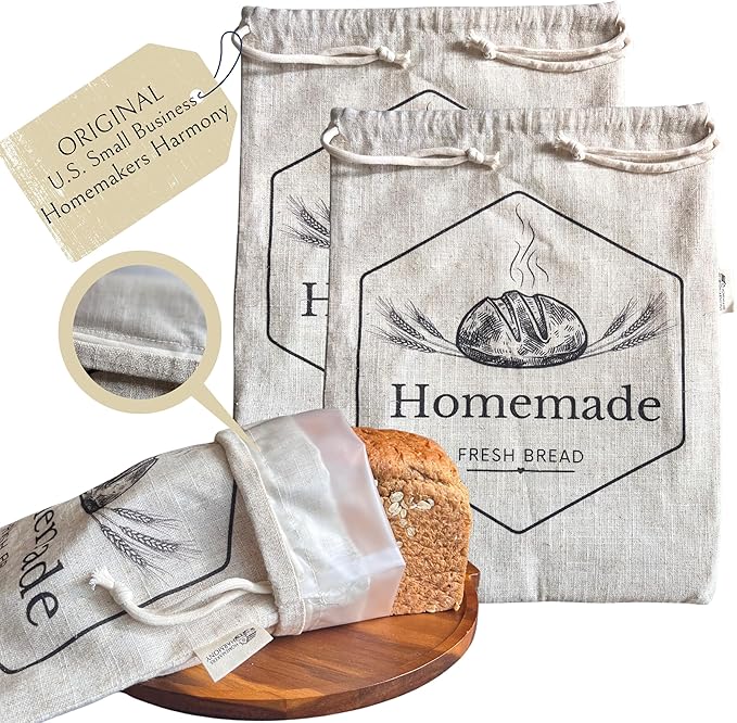 2 Pack XL Bread Bags for Homemade Bread, 18 x 14 in Organic Linen Sourdough Bags – Reusable Bread Storage Bags, Keeps Bread Fresh Longer – by Homemakers Harmony