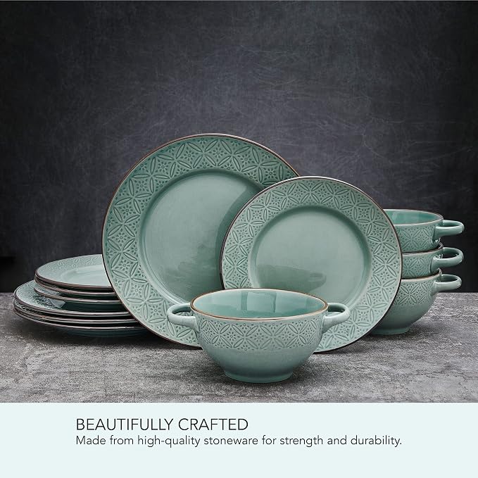 Pfaltzgraff Kori 12 Piece Dinnerware Set with Double Handled Bowl, Service for 4, Sage