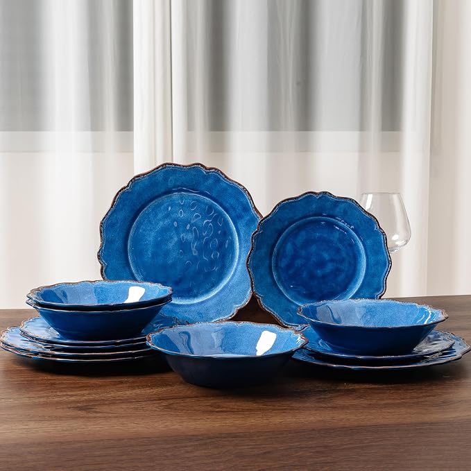 LEHAHA 12 Piece Rustic Farmhouse Luxury Melamine Dinnerware Sets, Thick Unbreakable but Lightweight Plates and Bowls Set, Vintage Spring and Summer Camping Dishes Set, Dishwasher Safe, blue