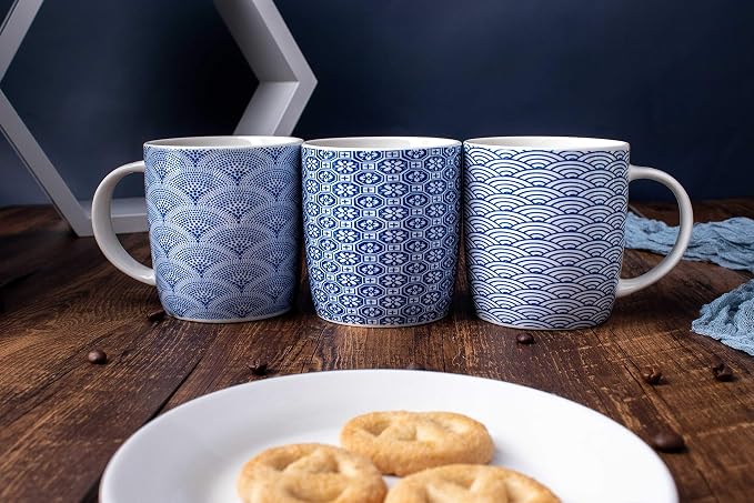 Set of 6 11.5 oz Coffee Mugs with Blue and White Geometric Patterns, Ceramic Tea Cup Set
