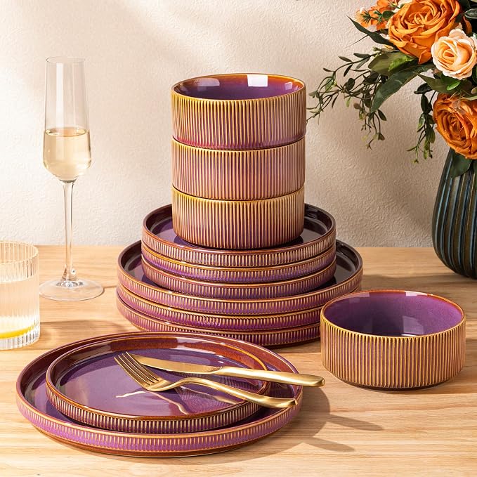 GBHOME 12-Piece Stoneware Dinnerware Set for 4 – Ribbed Ceramic Plates and Bowls, Scratch-Resistant, Microwave & Dishwasher Safe, Reactive Glaze,Purple Gradient