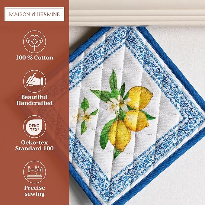 Maison d' Hermine Pot Holders 100% Cotton Heat Resistant Potholders 8" x 8" Hot Pads with Loop BBQ Cooking Baking Gifts for Mothers Day Handling Hot Pans Spring/Summer (Pack of 2, Cedrat)
