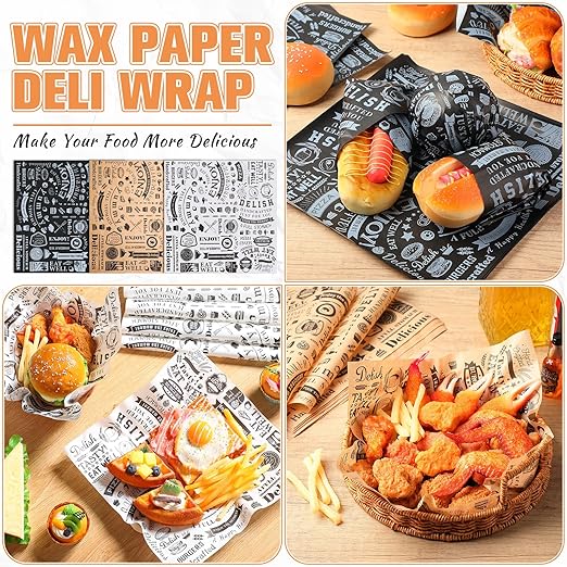 Outus 1800 Pcs 12 x 12 Inch Deli Wax Paper Sheets Grease Resistant Tray Basket Liner Newsprint Paper Water and Grease Proof Sandwich Wrapping Square Hot Dog Wrapper for Food Baking (White,Black,Brown)
