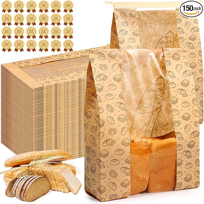 Feifeiya 150 Pack Kraft Paper Bread Bags for Homemade Sourdough Bread Bag with Clear Window 13.7 x 8.2 x 3.5 Large Bakery Packaging for Treat Storage Gift Giving with Seal Sticker